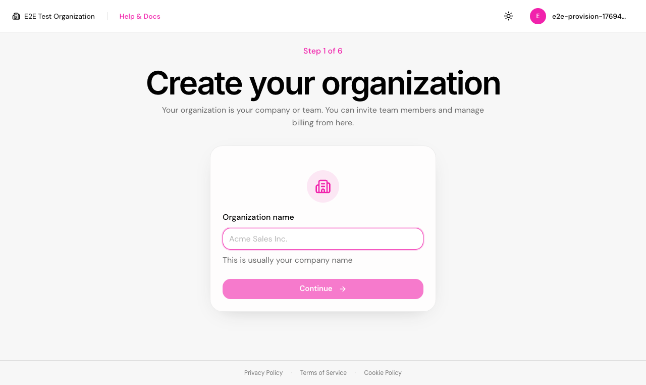 Create Organization screen prompting for an organization name.