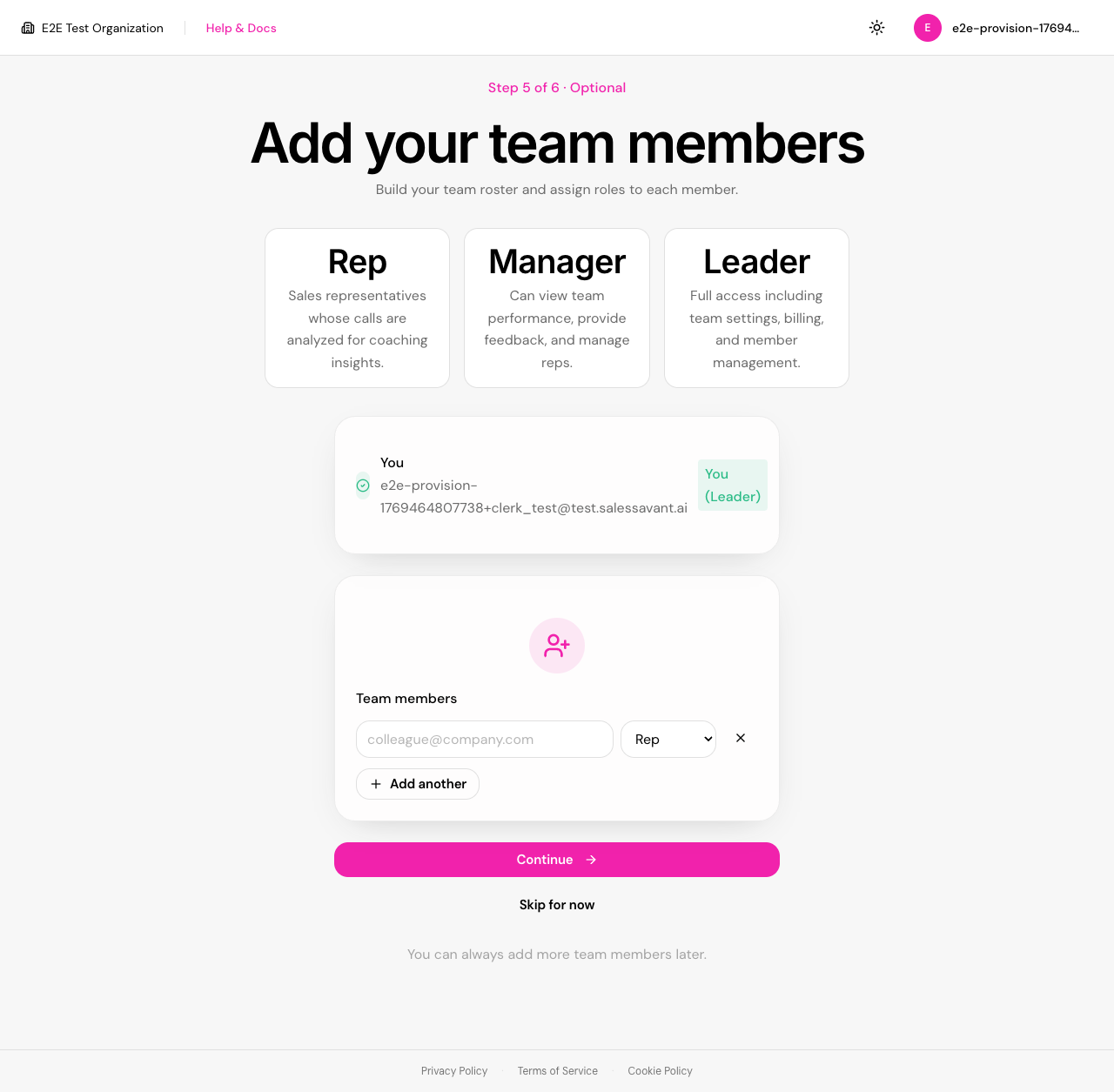Add Team Members screen with rows for entering rep names, emails, and team assignment.