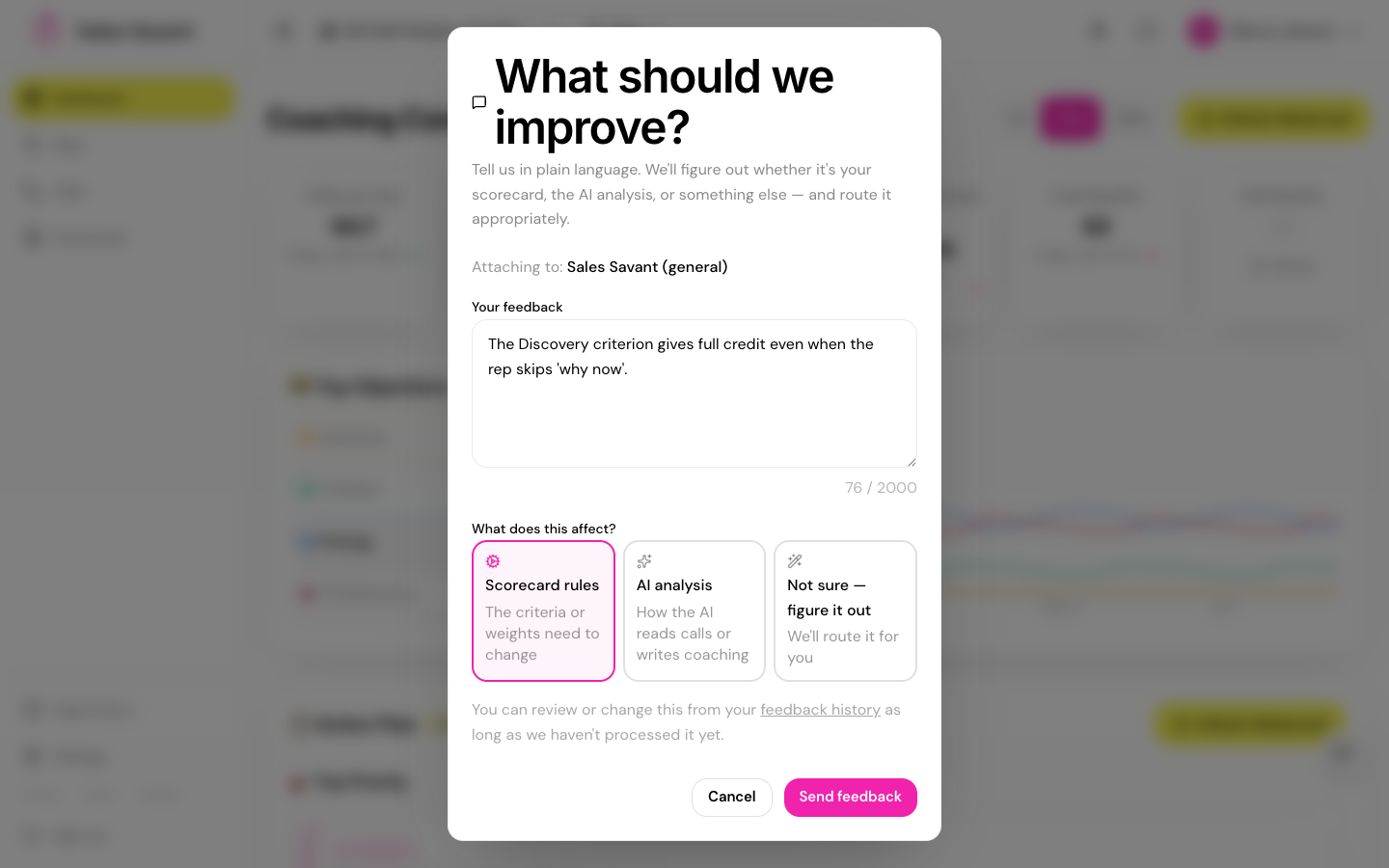 Feedback modal with a typed comment and three routing chips: Scorecard rules, AI analysis, and Not sure.